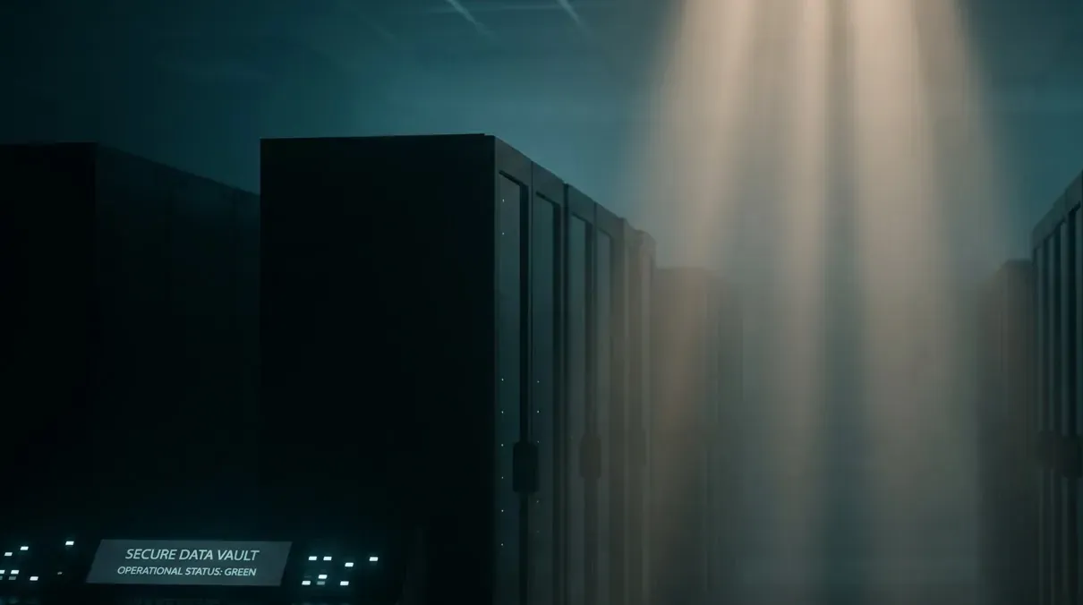 Unlit data centre hall with server racks in low light