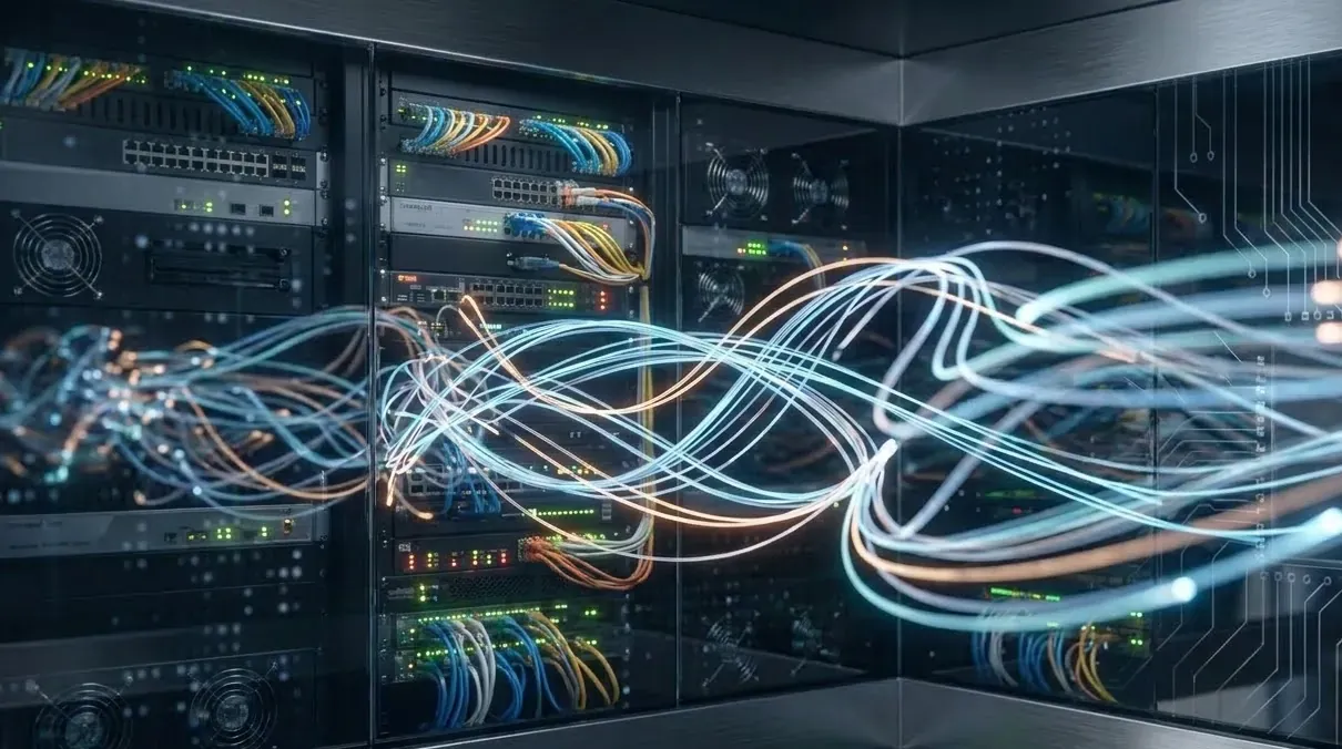 Fibre optic strands carrying light across a live server rack